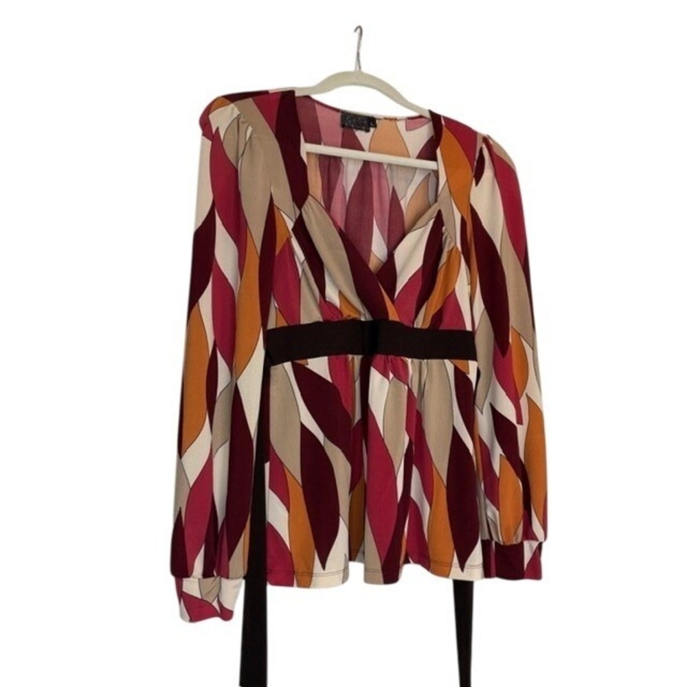 Vintage 70s MCM Womens Geometric Print Empire Waist Boho Blouse Size M